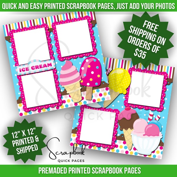 Ice Cream Scrapbook Pages Premade PRINTED 12x12 Summer Boy Scrapbook Quick Pages Girl Scrapbook Digital Print Layout Popsicle Sundae
