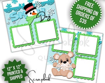 Snow Day Scrapbook Layout Premade PRINTED 12x12 Boy Girl Winter Snowman Premade Scrapbook Quick Pages Digital Print Scrapbook