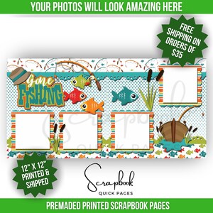 Fishing Scrapbook Page Printed Scrapbook Layout Fish Boat Premade PRINTED Scrapbook Quick Pages 12x12 Digital Print Page Summer Fishing Trip With Photo Mats