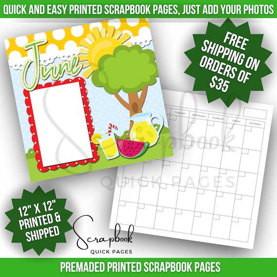 June Calendar Scrapbook Page Premade PRINTED Summer Scrapbook Quick Page Picnic Calendar Scrapbook 12x12 Digital Print Page Picnic Scrapbook