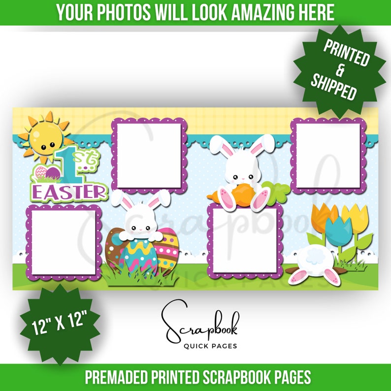 Baby's First Easter Scrapbook Layout PRINTED 12x12 Premade Easter Scrapbook Quick Pages Baby's 1st Easter Scrapbook Layout Digital Print With Photo Mats