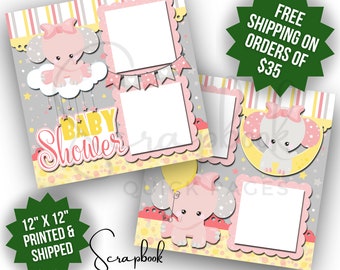 Baby Shower Girl Scrapbook Layout Pink Elephant Baby Girl Shower Premade PRINTED Scrapbook Quick Pages 12x12 Digital Print Scrapbook Layout