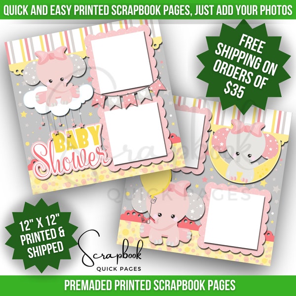 Baby Shower Girl Scrapbook Layout Pink Elephant Baby Girl Shower Premade PRINTED Scrapbook Quick Pages 12x12 Digital Print Scrapbook Layout