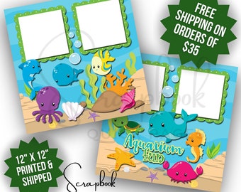 Aquarium Scrapbook Layout Ocean Premade PRINTED 12x12 Scrapbook Page Sea Animals Scrapbook Quick Pages Scrapbook Digital Print Summer