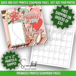May Calendar Scrapbook Page Premade PRINTED Mother&#39;s Day Scrapbook Quick Page Flower Scrapbook 12x12 Page Digital Print Mom Scrapbook Page