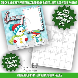 January Calendar Scrapbook Page Premade PRINTED Snowman Scrapbook Quick Page 12x12 Scrapbook Digital Print Layout Boy Scrapbook Page Girl