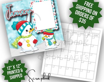 January Calendar Scrapbook Page Premade PRINTED Snowman Scrapbook Quick Page 12x12 Scrapbook Digital Print Layout Boy Scrapbook Page Girl