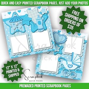 Baby Shower Scrapbook Pages Premade PRINTED Baby Boy Scrapbook Quick Page 12x12 Scrapbook Digital Print Scrapbook Page Layout Boy Blue