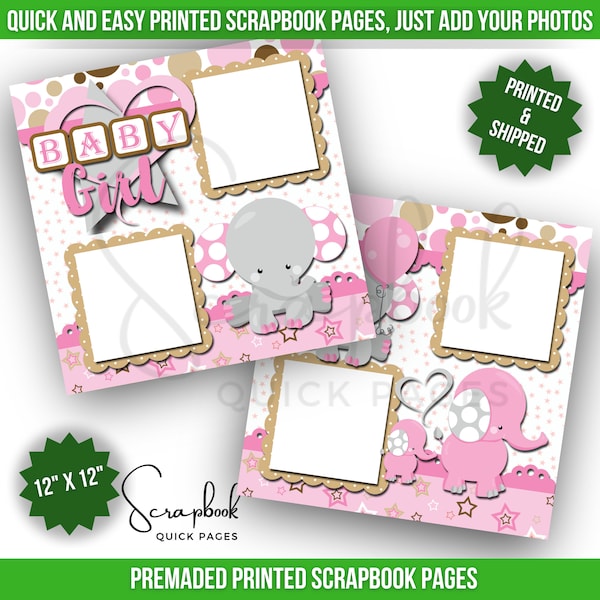 Baby Girl Scrapbook Layout Pink Elephant Baby Shower Layout Premade PRINTED Scrapbook Quick Pages 12x12 Digital Print Scrapbook Baby Gift