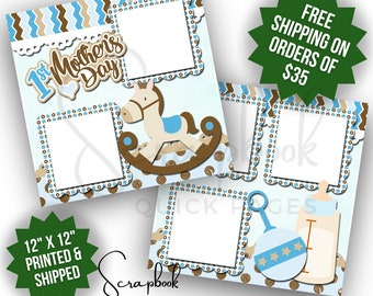 First Mother's Day Scrapbook Page Premade PRINTED Blue Baby Boy 12x12 Scrapbook Quick Page Mom Digital Print Scrapbook Layout Baby Shower