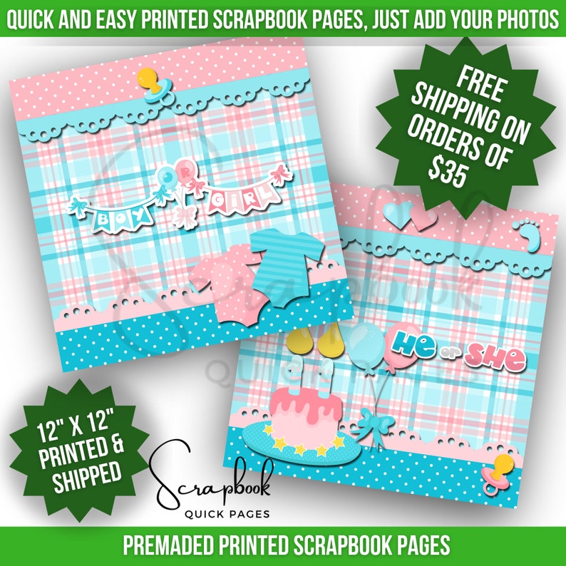 Gender Reveal Scrapbook Pages Premade Boy or Girl Baby Shower Scrapbook Layout Premade PRINTED Scrapbook Quick Page 12x12 Digital Print image 3