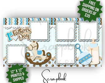 Father's Day Scrapbook Pages Premade Blue Baby Boy Scrapbook Layout Premade PRINTED 12x12 Scrapbook Quick Page Digital Print Dad Scrapbook