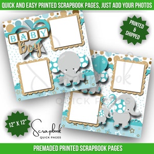Pagine di album per neonato preconfezionate Layout di album per scrapbooking blu per baby shower Elefanti Preconfezionato Scrapbook STAMPATO Pagina rapida 12x12 Pagine di stampa digitale