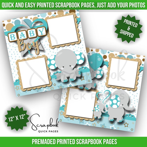 Baby Boy Scrapbook Pages Premade Blue Baby Shower Scrapbook Layout Elephants Premade PRINTED Scrapbook Quick Page 12x12 Digital Print Pages