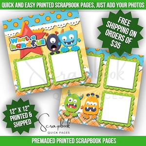 Monster Scrapbook Page Toddler Premade Scrapbook What A Handful Premade PRINTED Scrapbook Quick Pages 12x12 Digital Print Scrapbook Boy girl