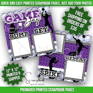 Pagina dell'album di pallavolo preconfezionata STAMPATA Viola Game Day Sport Scrapbook 12x12 Pagina Ragazza Pallavolo Scrapbook Layout Stampa digitale Scuola