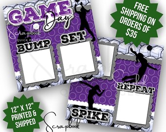 Volleyball Scrapbook Page Premade PRINTED Purple Game Day Sport Scrapbook 12x12 Page Girl Volleyball Scrapbook Layout Digital Print School