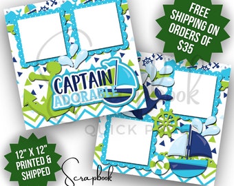 Captain Adorable Baby Scrapbook Layout Nautical Baby Boy Scrapbook Layout Sailboat Premade PRINTED Scrapbook Quick Page 12x12 Digital Print