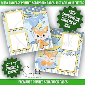 Layout dell'album per l'acquazzone del bambino Ragazzo Blu Scrapbook Pagina rapida Volpe che dorme Bambino Premade Scrapbook STAMPATO Layout 12x12 Stampa digitale Scrapbook