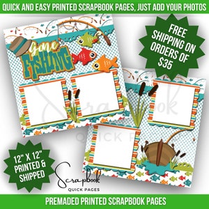 Pagina dell'album per la pesca Pagina dell'album stampato Layout dell'album per pesci Preconfezionato Scrapbook STAMPATO Pagine rapide 12x12 Pagina con stampa digitale Viaggio di pesca estiva