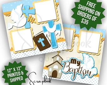 Baptism Scrapbook Pages Premade Blue Religion Boy Baby Scrapbook Quick Page Premade PRINTED Scrapbook 12x12 Digital Print Scrapbook Pages