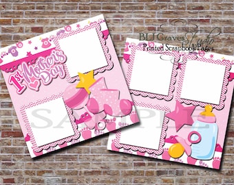 First Mother's Day, Pink Purple, Baby Girl - 2 Premade PRINTED 12x12 Scrapbook Pages 139