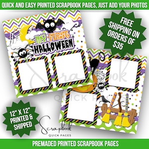 Può includere: Due pagine di scrapbooking da 30,5 x 30,5 cm a tema Halloween. La prima pagina presenta un motivo a chevron verde, arancione e viola con un ragno, un pipistrello, un fantasma e una luna. La seconda pagina presenta un motivo a pois verde, arancione e viola con una scopa, un corvo e una zucca. Entrambe le pagine hanno spazio per le foto.