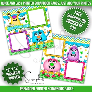 Monster Memories Scrapbook Layout Premade Scrapbook PRINTED Scrapbook Quick Pages 12x12 Digital Print Scrapbook Boy girl Toddler Scrapbook
