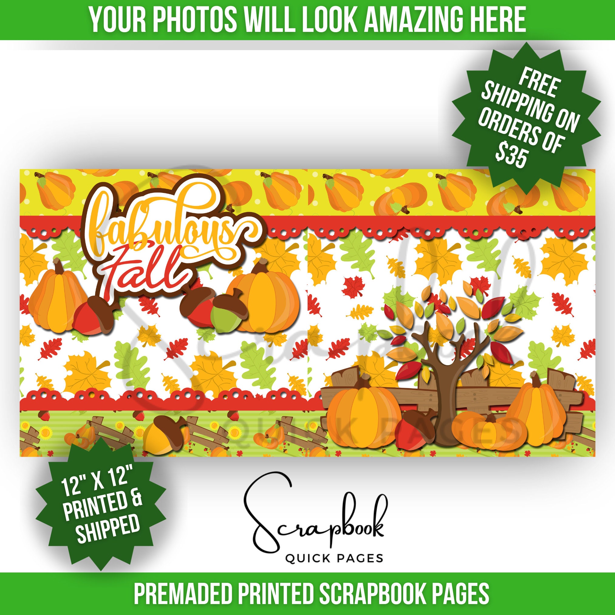 Fall Layout Printable Fall Scrapbook Layout Fall Leaves Pumpkins Premade PRINTED Scrapbook ...
