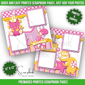 Layout dell'album per primo compleanno della bambina, album per la festa di compleanno dell'elefante, album preconfezionato STAMPATO, pagina rapida per il primo compleanno della ragazza, 12x12