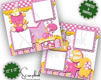 1st Birthday Baby Girl Scrapbook Layout Elephant Birthday Party Scrapbook Premade PRINTED Scrapbook Quick Page First Birthday Girl 12x12