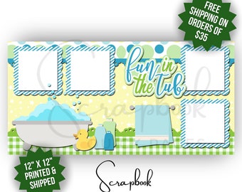 Bath Time Scrapbook Layout Premade PRINTED Fun In The Tub Scrapbook Quick Pages Boy Bathtub Premade Scrapbook 12x12 Printed Scrapbook Pages
