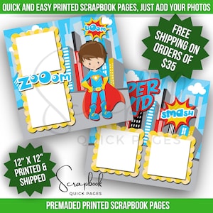 Superhero Scrapbook Pages Boy PRINTED Scrapbook Quick Page 12x12 Premade Scrapbook Page Superkid Digital Print Scrapbook Superhero Birthday