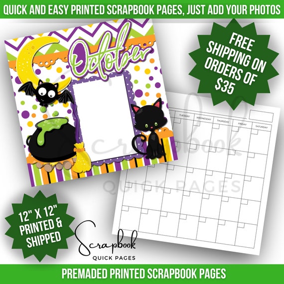 October Calendar Scrapbook Page Premade PRINTED Halloween Scrapbook Quick Page 12x12 Scrapbook Page Halloween Boy Scrapbook Girl Layout