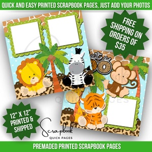 Zoo Scrapbook Page Premade PRINTED 12x12 Scrapbook Quick Page Boy Scrapbook Girl Giraffe Tiger Zebra Monkey Lion Digital Print Scrapbook