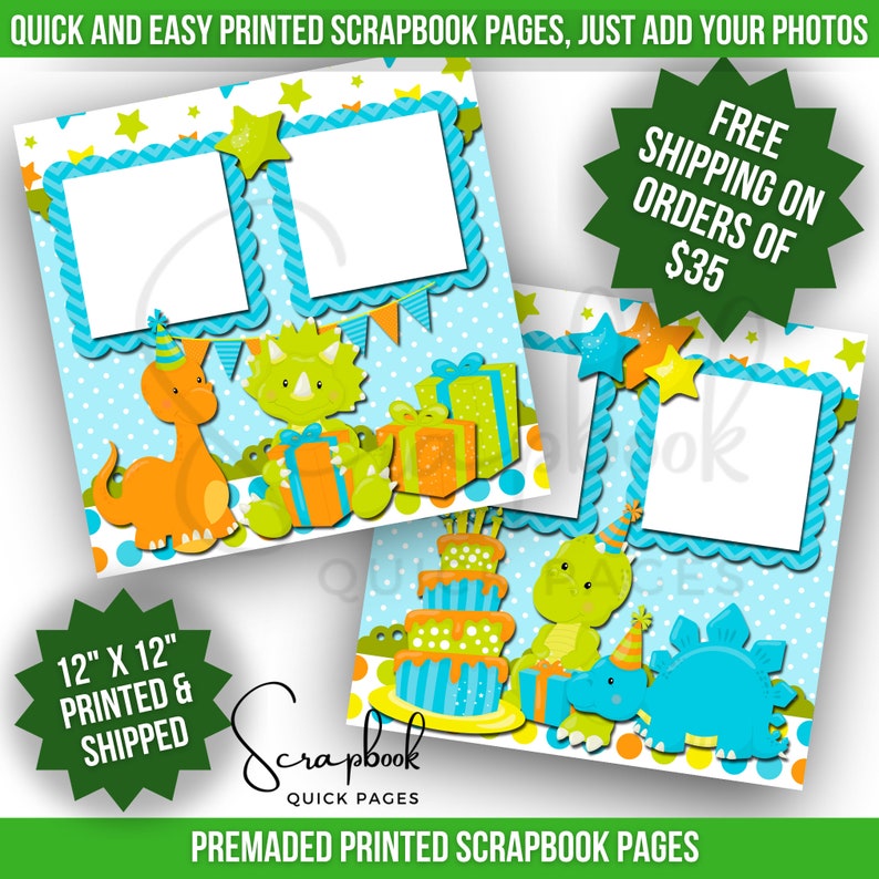 Dinosaur Birthday Party Scrapbook Pages Premade Blue Boy Birthday Scrapbook Quick Pages Digital Print Scrapbook