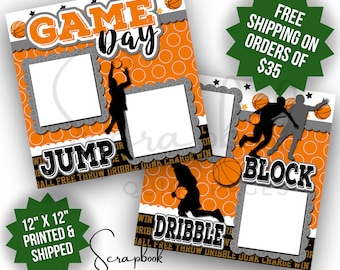 Álbum de recortes de baloncesto, diseño para niños, páginas rápidas para álbumes de recortes deportivos para el día del partido, diseño de álbum de recortes impreso prefabricado de 12x12, impresión digital.