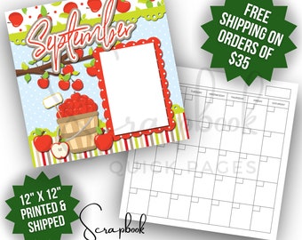 September Calendar Scrapbook Page Premade Fall Apple Pickin Scrapbook Layout Premade PRINTED Scrapbook Quick Page 12x12 Digital Print Layout