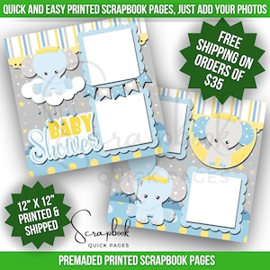 Baby Shower Scrapbook Pagina preconfezionata STAMPATA Baby Boy Blu Elefante Scrapbook Pagina rapida 12x12 Pagina Stampa digitale Baby Shower Regalo Baby Boy