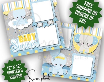Baby Shower Scrapbook Page Premade PRINTED Baby Boy Blue Elephant Scrapbook Quick Page 12x12 Page Digital Print Baby Shower Gift Baby Boy