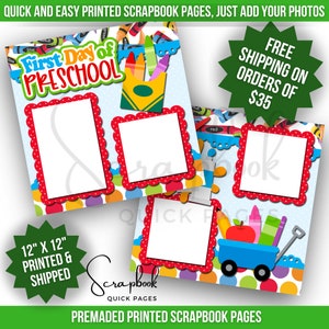Diseño de álbum de recortes preescolar IMPRESO 12x12 Prefabricado Primer día de preescolar Niño Niña Escuela Impresión digital Página de álbum de recortes Álbum de recortes impreso
