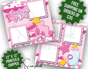 First Mother's Day Scrapbook Layout Baby Girl Premade PRINTED Scrapbook Quick Pages 12x12 Scrapbook Pages Digital Print 1st Mother's Day