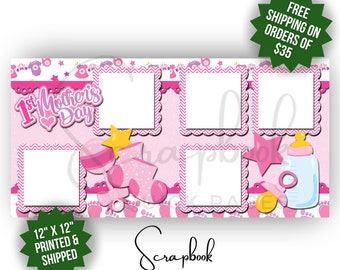 First Mother's Day Scrapbook Pages Premade Pink Baby Girl Scrapbook Layout Premade PRINTED 12x12 Scrapbook Quick Pages Mom Digital Print