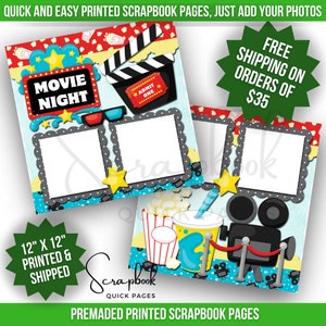 Movie Night Scrapbook Page Premade PRINTED 12x12 Scrapbook Quick Pages Family Night Scrapbook Page Digital Print Popcorn Movie Sleepover