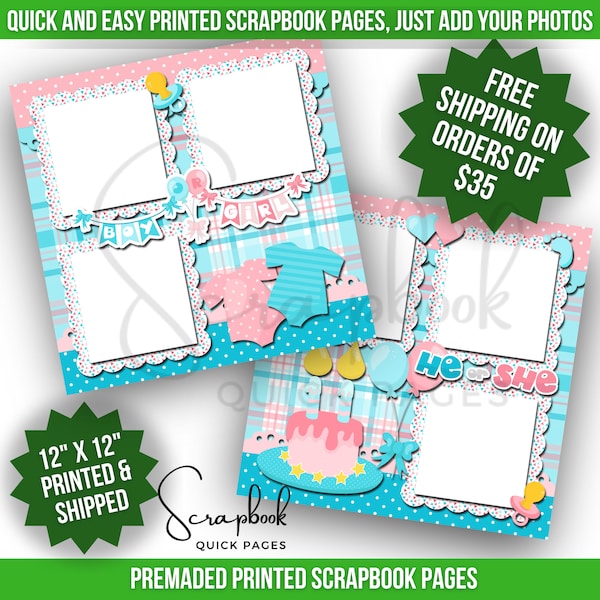 Gender Reveal Scrapbook Pages Premade Boy or Girl Baby Shower Scrapbook Layout Premade PRINTED Scrapbook Quick Page 12x12 Digital Print