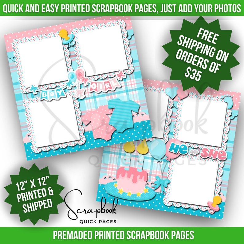 Gender Reveal Baby Shower Scrapbook Pages Premade Digital Print Scrapbook Quick Pages