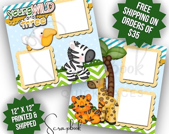 Zoo Safari Birthday Scrapbook Pages Young Wild & Three Birthday Party Scrapbook Boy Girl Birthday Premade PRINTED Scrapbook Layout 12x12