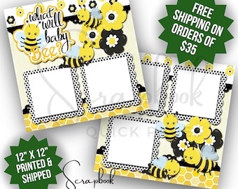 Bee Gender Reveal Scrapbook Pages Premade Boy or Girl Baby Shower Scrapbook Layout Premade PRINTED Scrapbook Quick Page 12x12 Digital Print