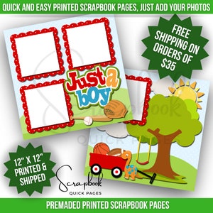 Boy Scrapbook Page Premade PRINTED 12x12 Scrapbook Quick Page Summer Scrapbook Layout Sport Football Baseball Basketball Dinosaur Scrapbook