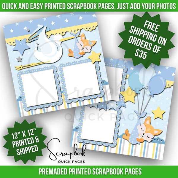 Baby Shower Scrapbook Page Premade PRINTED Baby Boy Blue Scrapbook Quick Page Stork Baby 12x12 Scrapbook Page Baby Shower Gift Boy Mom Fox